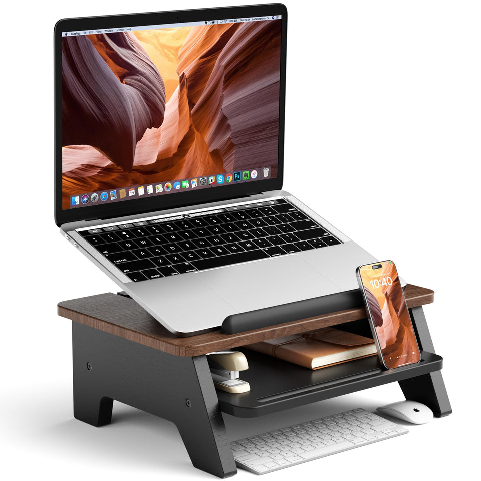 AFOOYO 2-tier laptop stand with ergonomic elevation provides improved neck comfort.