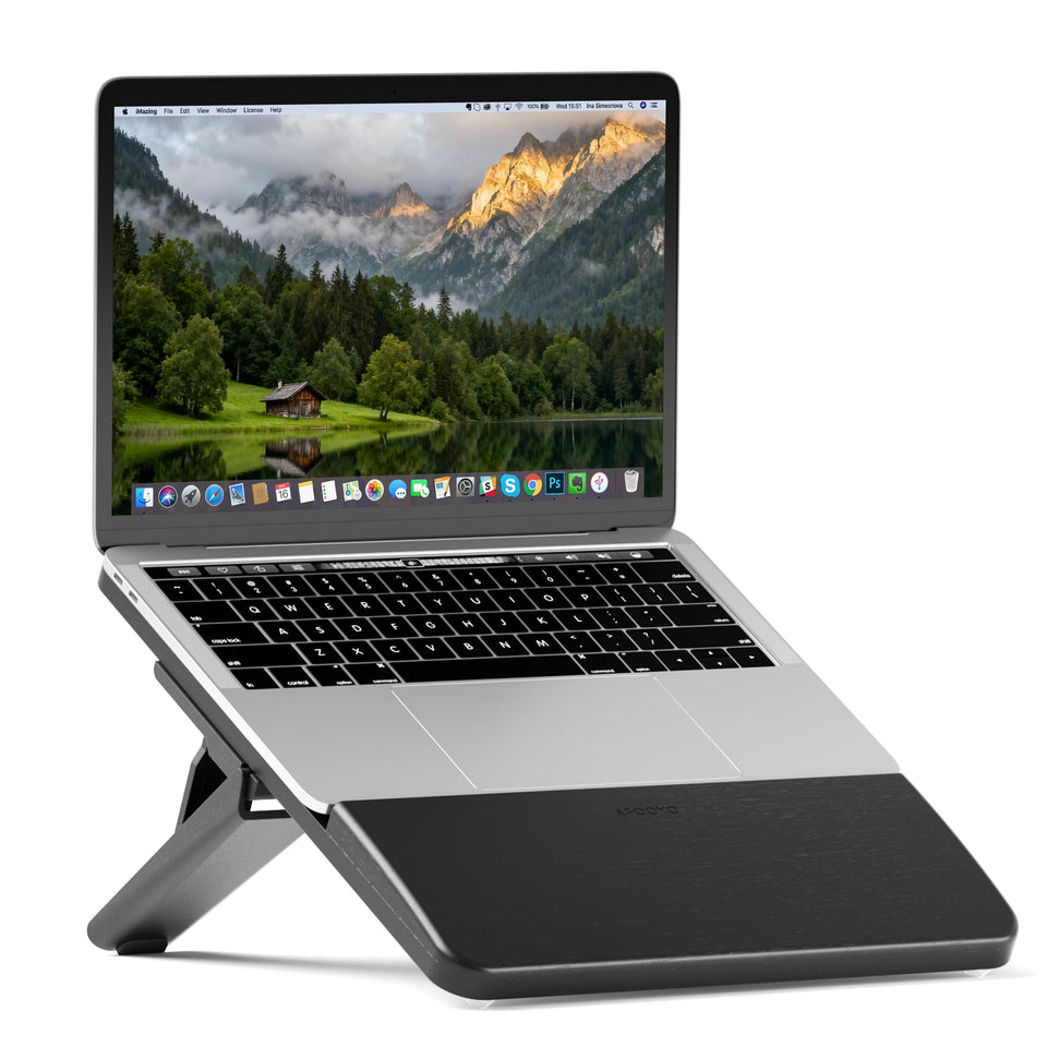 AFOOYO adjustable bamboo laptop stand offers five angles for ergonomic viewing and comfort.