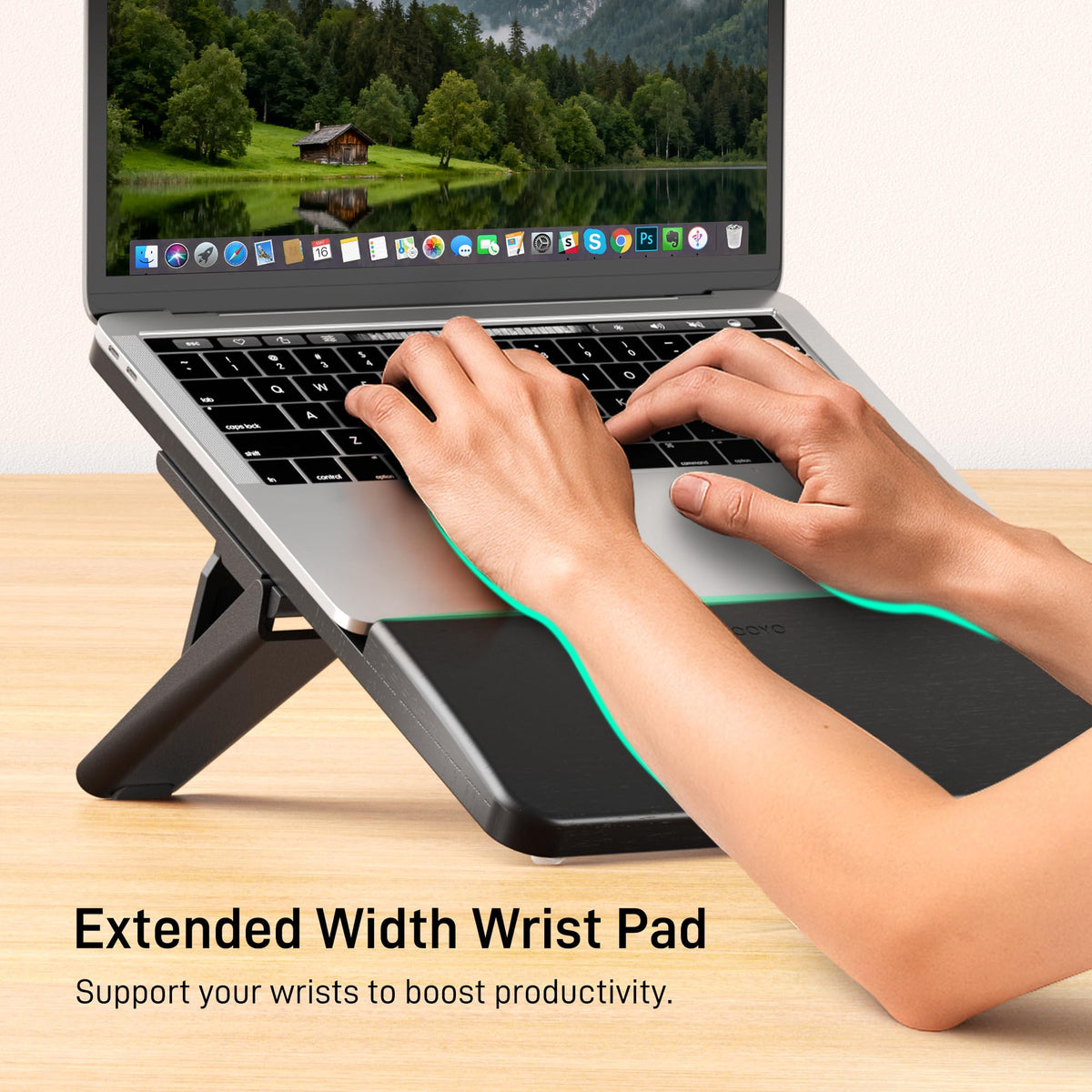 AFOOYO bamboo laptop stand compatible with 9.8–15 inches, ideal for MacBook, Dell, and more.