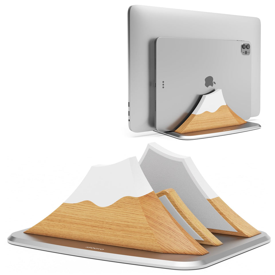 AFOOYO front view of beechwood dual laptop stand showing tidy storage benefit