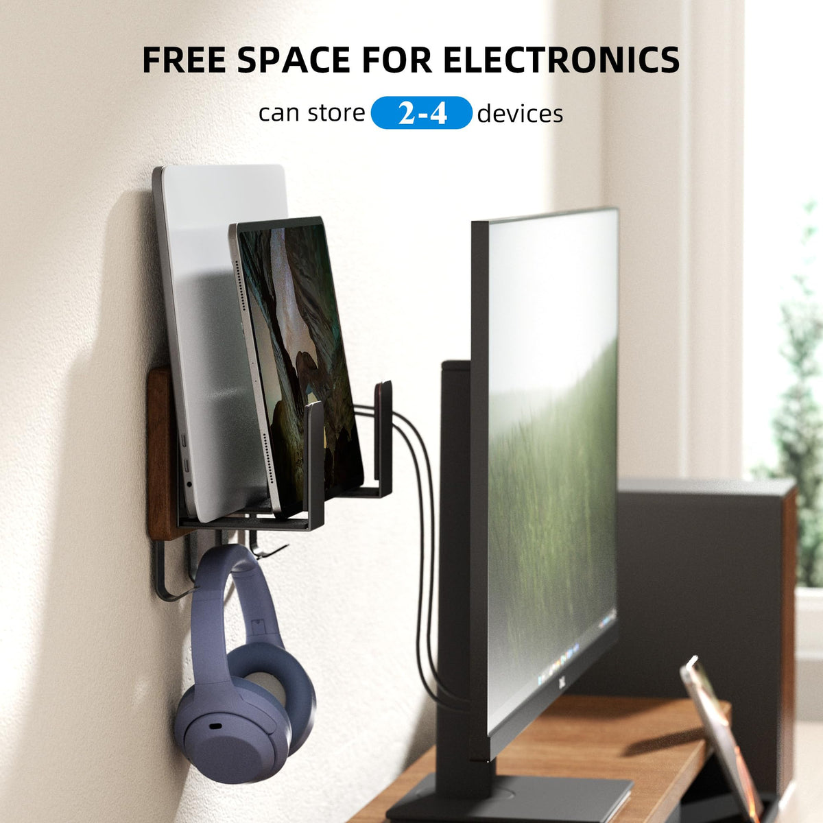AFOOYO hooks holding headphones and cables for tidy accessory organization