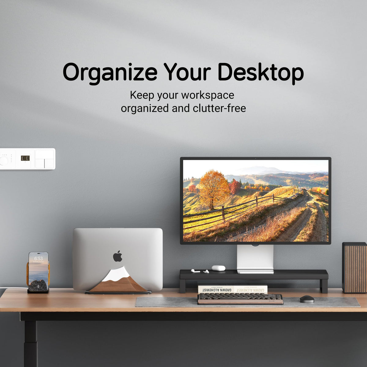 AFOOYO laptop stored vertically saving workspace and reducing clutter