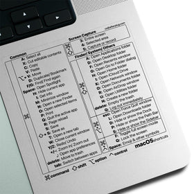 Afterplug macOS shortcuts sticker on a MacBook display showing precise fit for 13-16 inch models