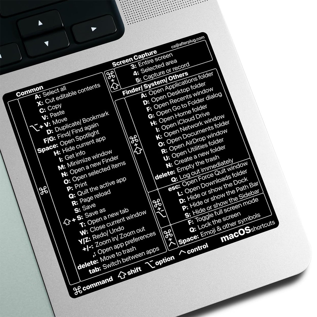 Afterplug macos shortcuts sticker for 13-16 inch MacBook Pro, 50+ shortcuts at a glance.