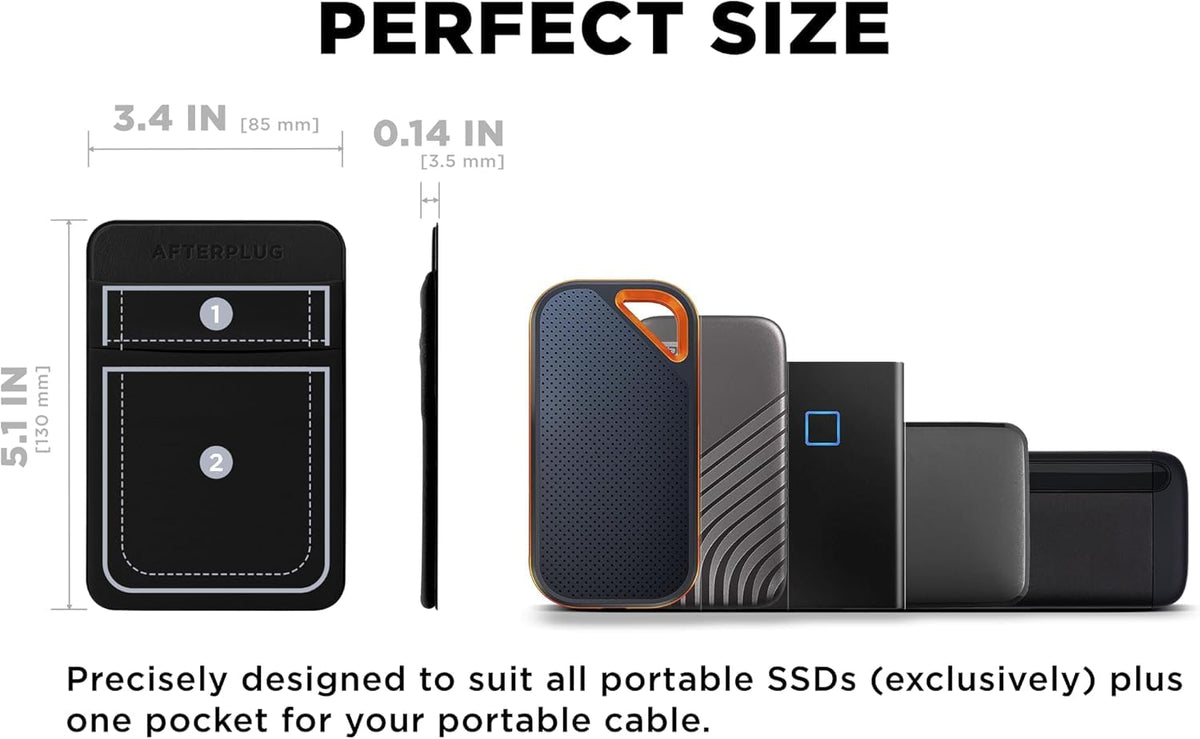 Afterplug stick-on pocket on laptop shows organized cables and small items