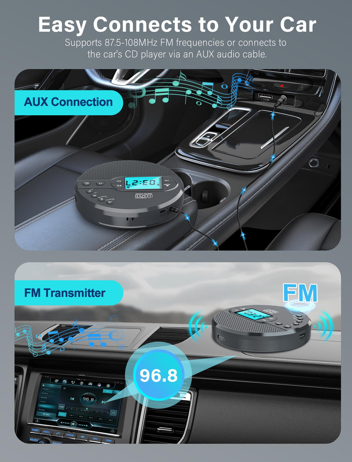 AFU CD player connected to car via AUX for reliable in-car audio