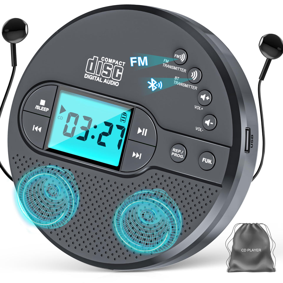 AFU portable CD player front view showing controls and compact design benefit