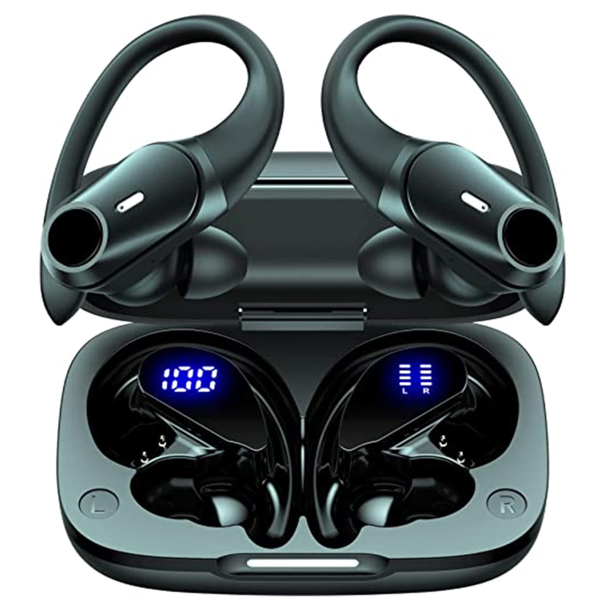 AGKG123 T59 front view showing earbuds and case, highlights compact portability