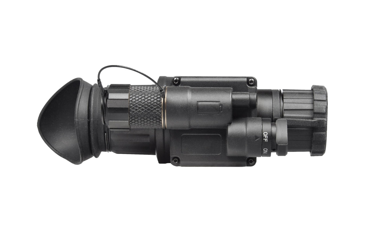 AGM Global Vision Wolf-14 NL1 monocular helmet-mounted setup enables hands-free surveillance.