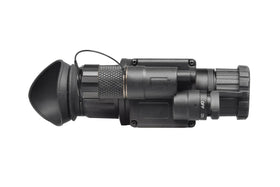 AGM Global Vision Wolf-14 NL1 monocular helmet-mounted setup enables hands-free surveillance.