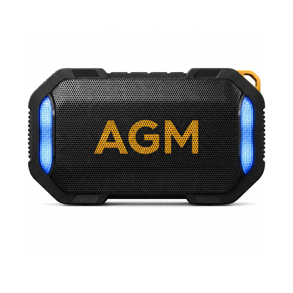 AGM MagROCK front view showing compact speaker and RGB lights, portable convenience