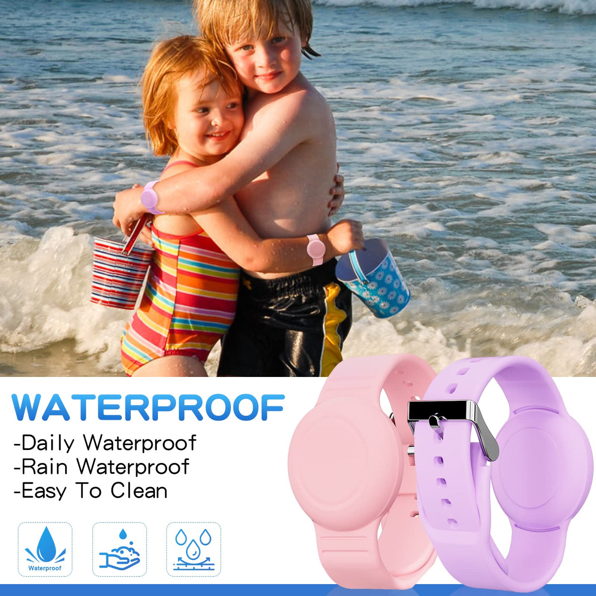 AGMZ AirTag waterproof bracelet for kids in pink with a secure buckle.