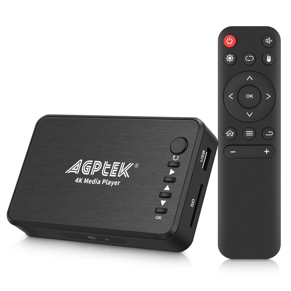 AGPTEK 4K@30Hz media player front view for crisp home video playback.