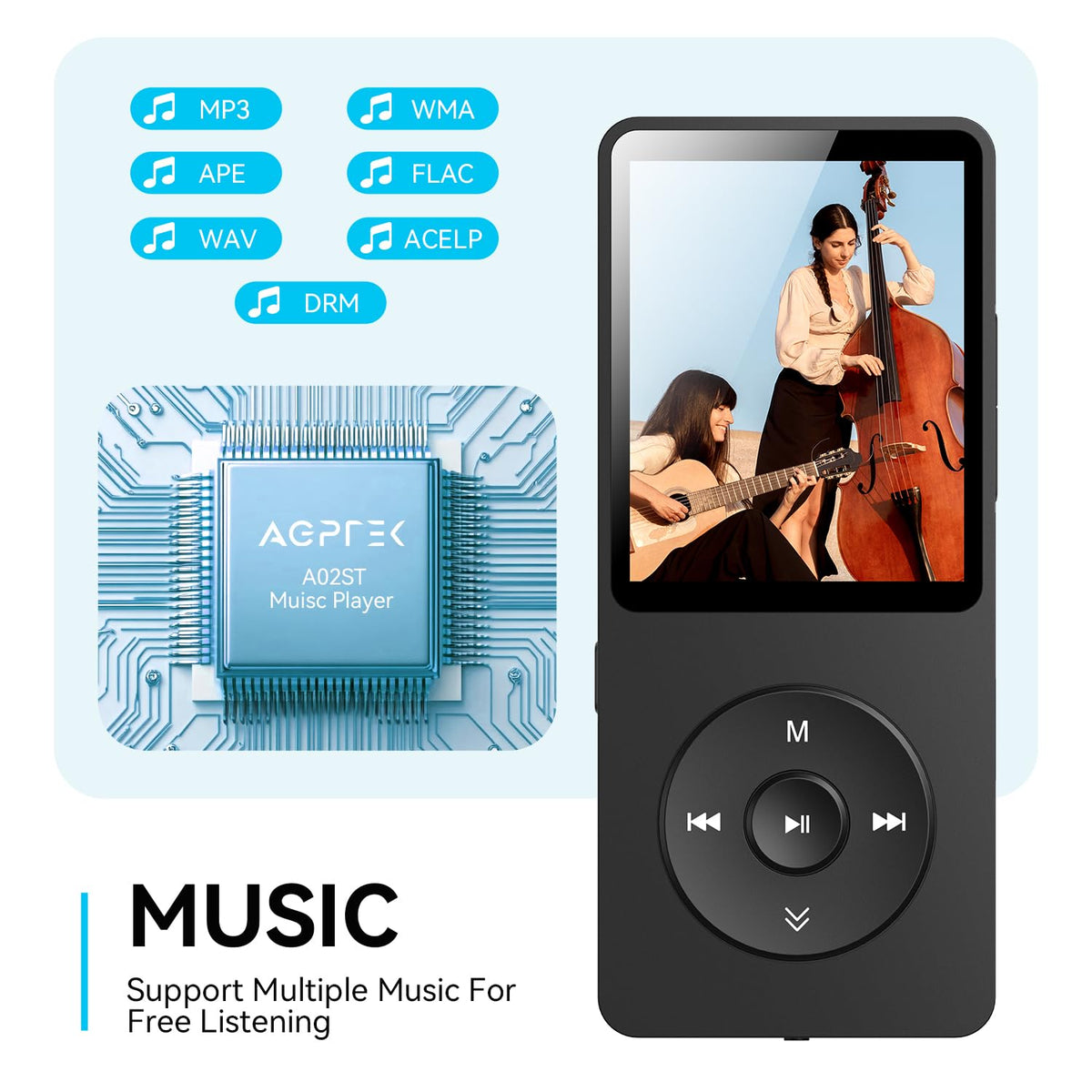 AGPTEK A02 built-in speaker detail illustrating playback without headphones for convenience
