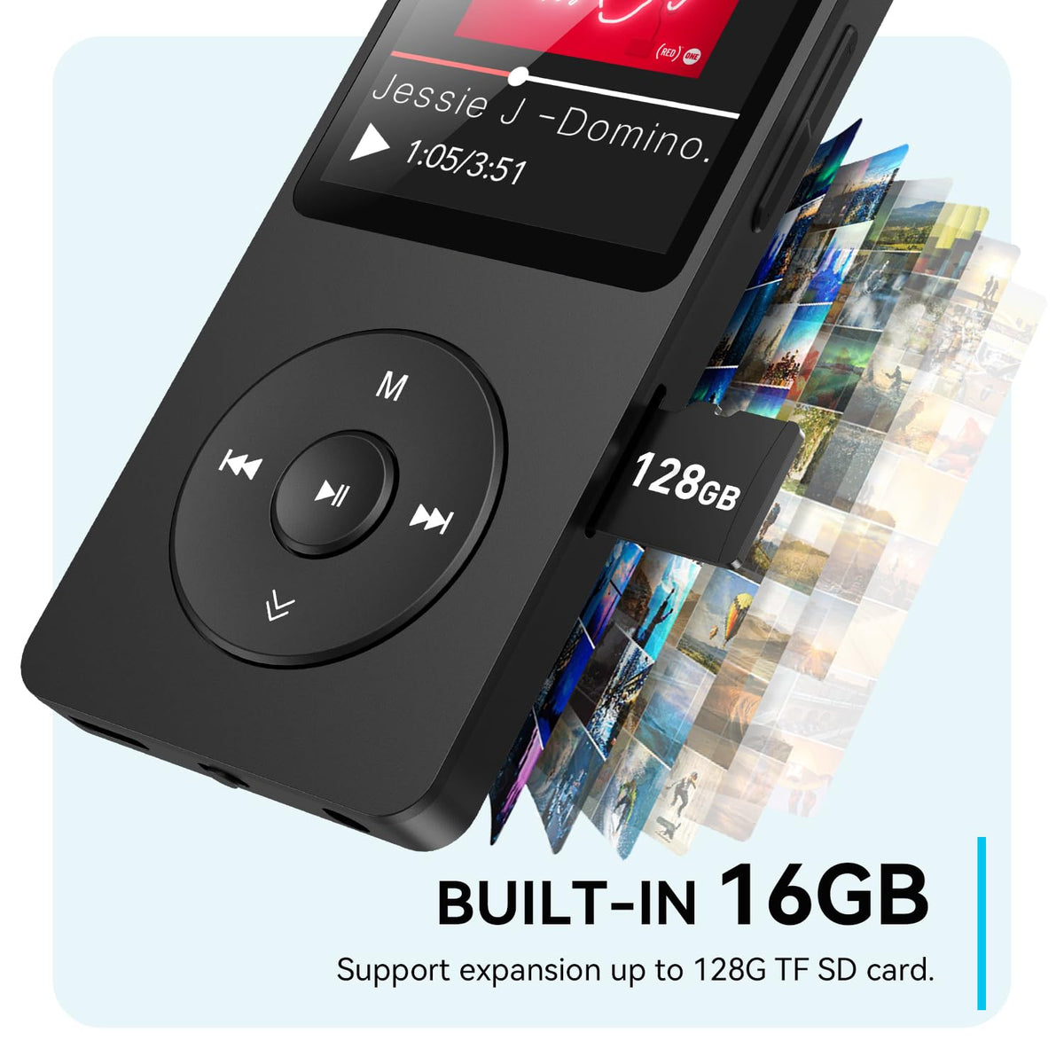 AGPTEK A02 button layout image with dedicated volume and back buttons for simple control