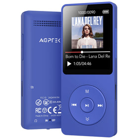 AGPTEK A02 front view showing screen and speaker, compact player for quick access