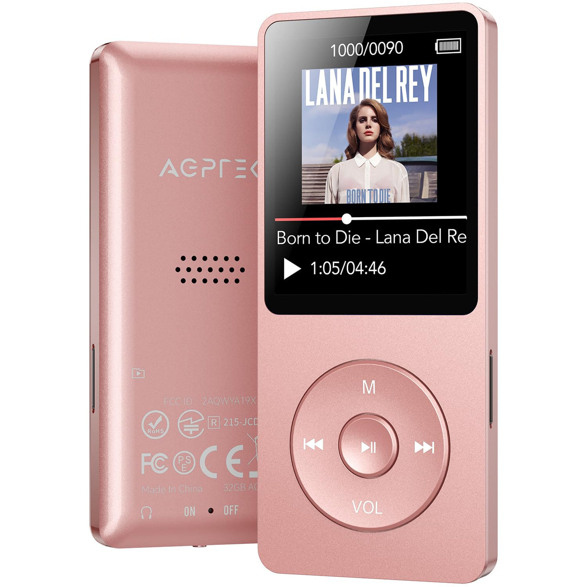 AGPTEK A02 front view showing screen and clean design, easy portable listening