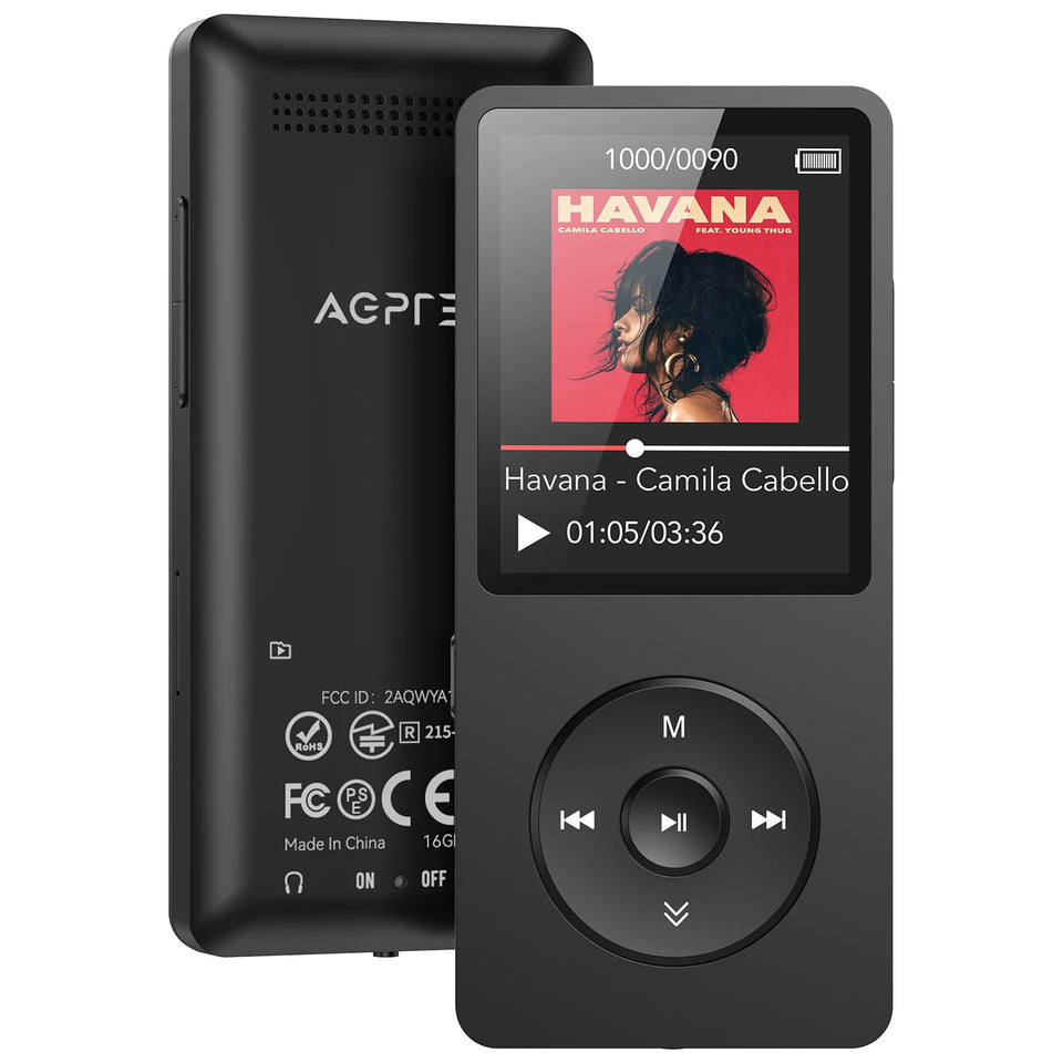 AGPTEK A02 front view showing screen and speaker for portable listening