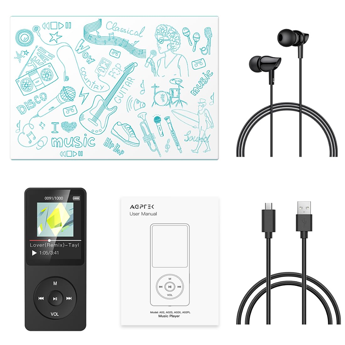 AGPTEK A02 box and USB cable showing contents ready for charging