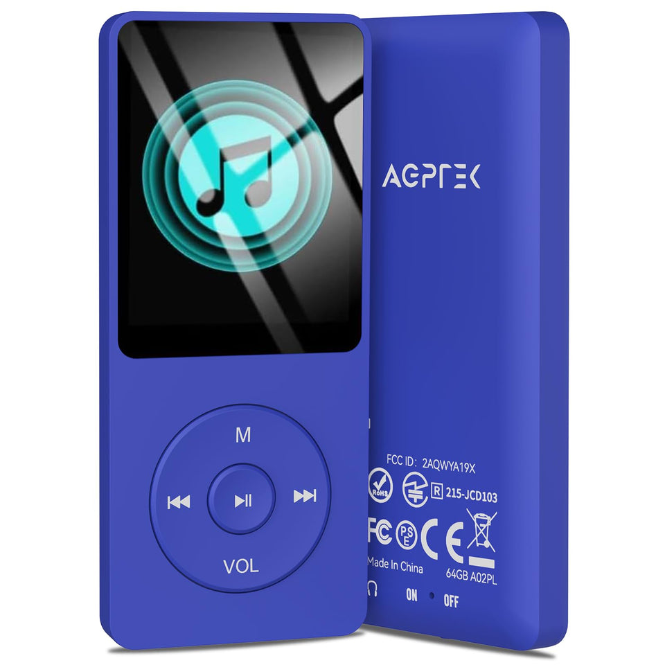 AGPTEK A02PL front view showing clean display and deep blue finish for portable listening