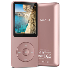 AGPTEK A02PL front view in rose gold showing compact player and clear benefit of portability