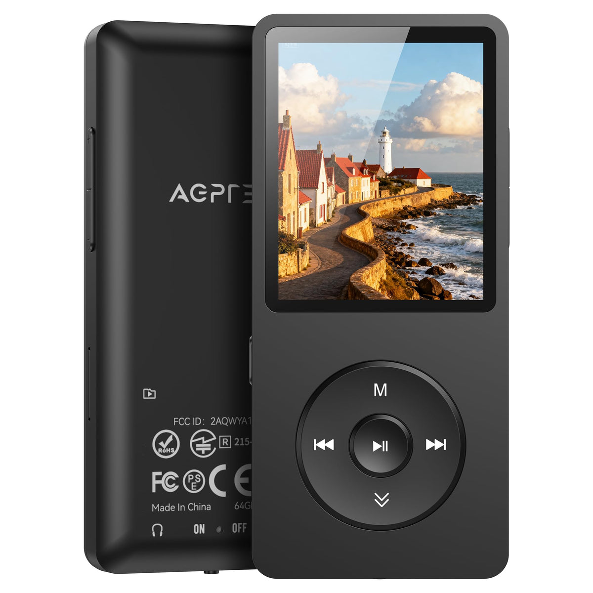 AGPTEK A02PL front view showing compact player and benefits of portability