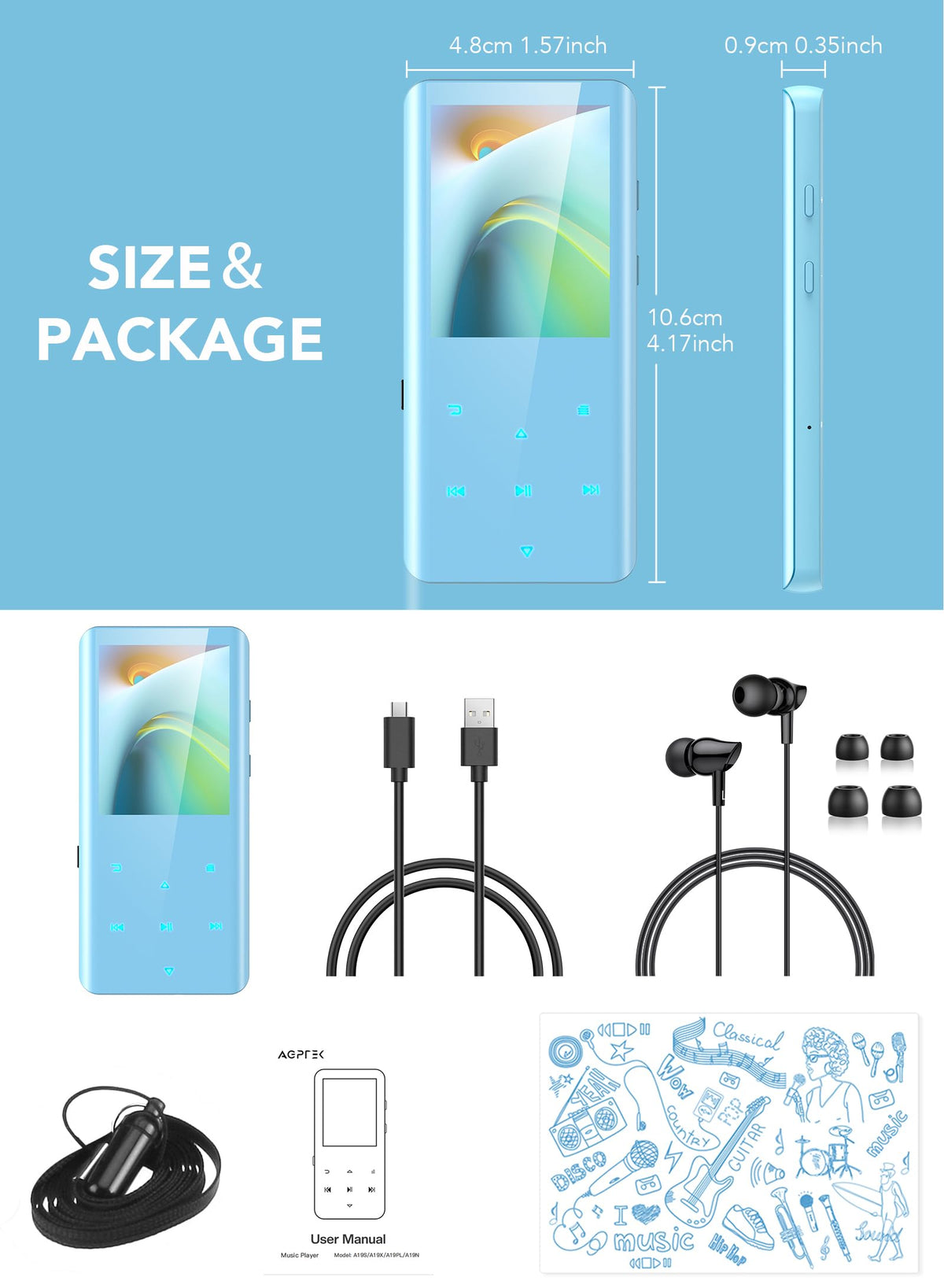AGPTEK used outdoors with headphones, long-battery playback for travel benefit