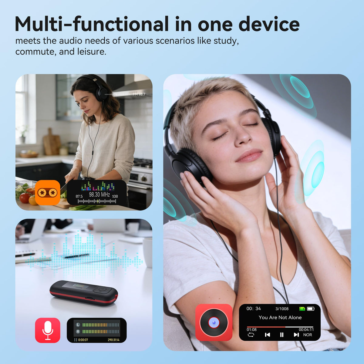 AGPTEK A55PL on desk with headphones showing versatile everyday use