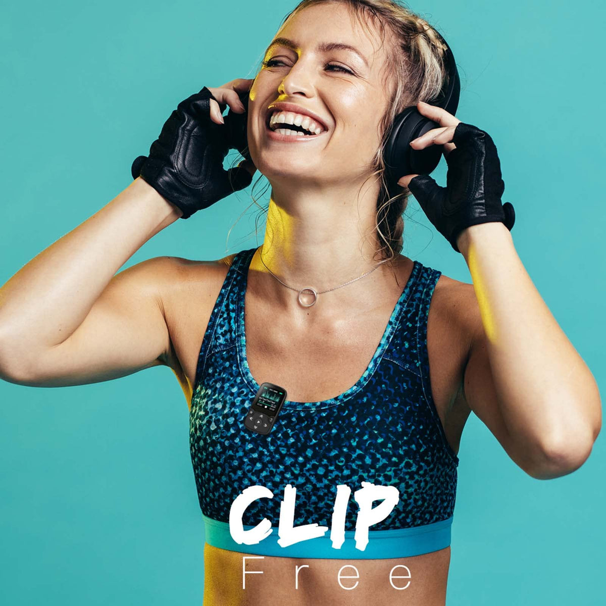 AGPTEK A65 with earphones in hand illustrating portable listening