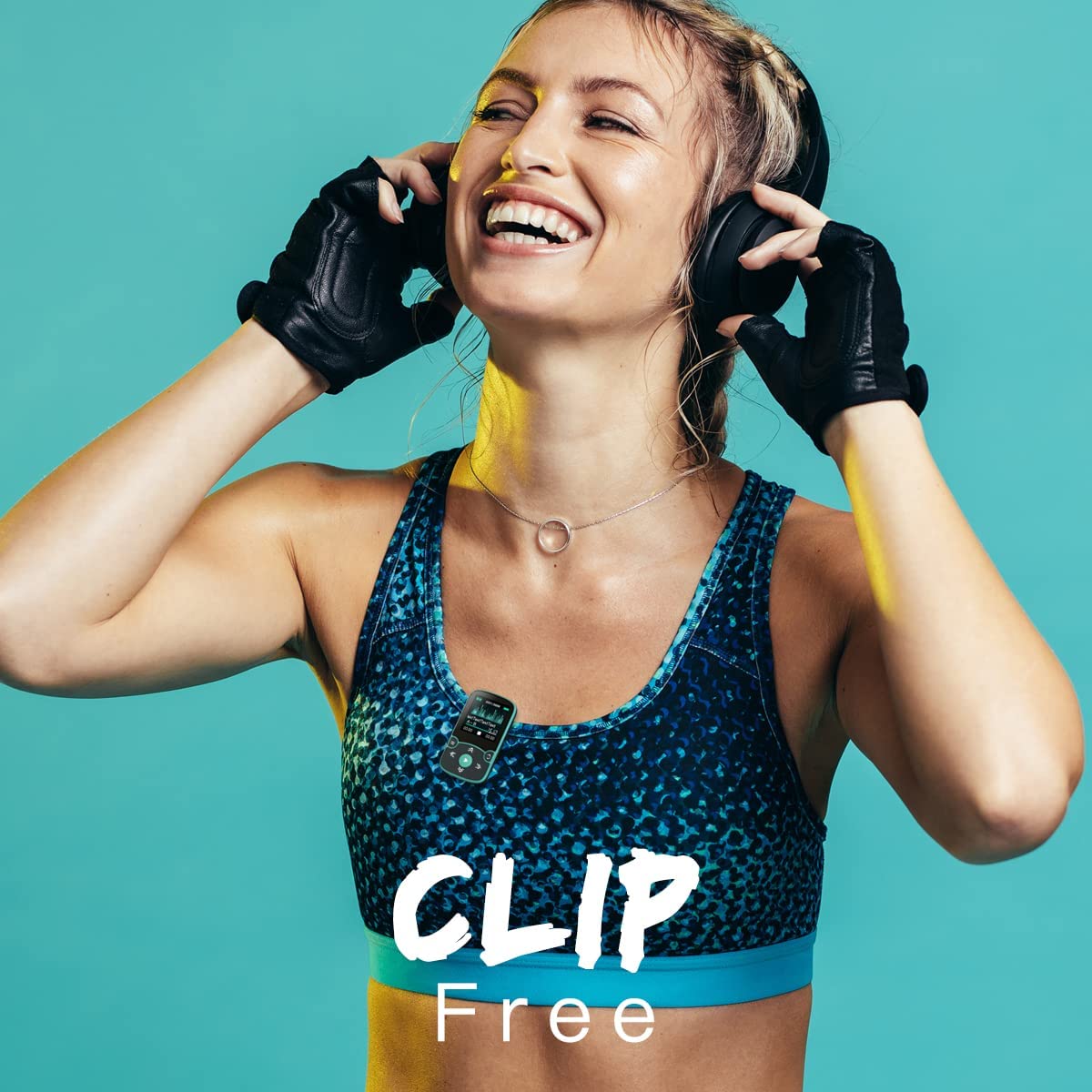 AGPTEK paired with headphones for wireless listening on the move