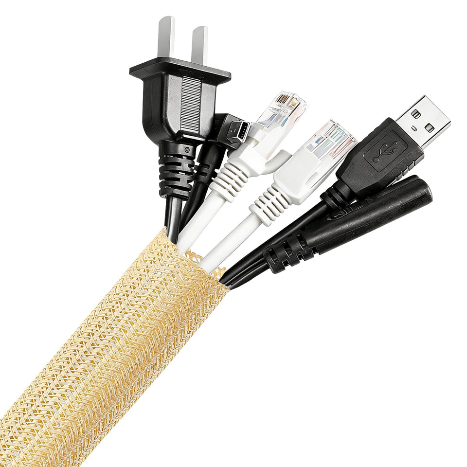 AGPTEK cable sleeve 20ft in wood color protects cables at home office.