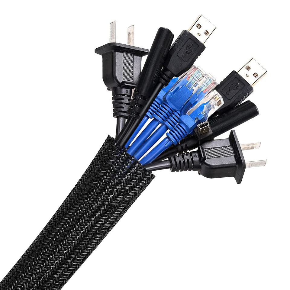 AGPTEK cable sleeve wrapping a 6.6 ft bundle for tidy home office cables.