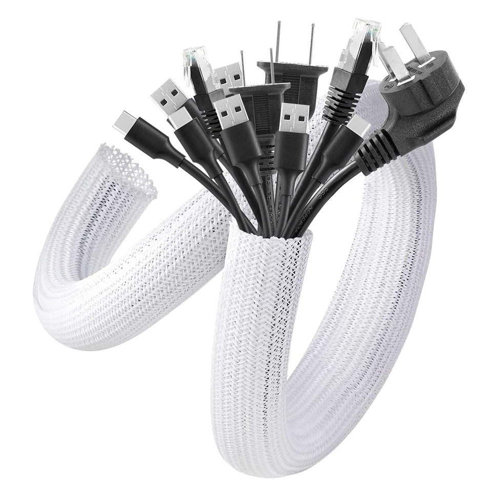 AGPTEK cable sleeve cover 5ft on desk keeps cables neatly organized and hidden.