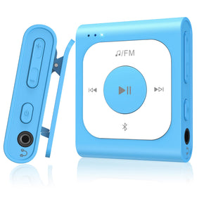 AGPTEK front view of blue clip MP3 player showing clean design and portability