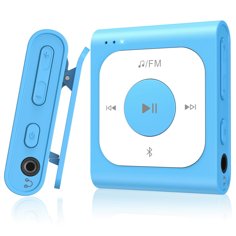 AGPTEK front view of blue clip MP3 player showing clean design and portability