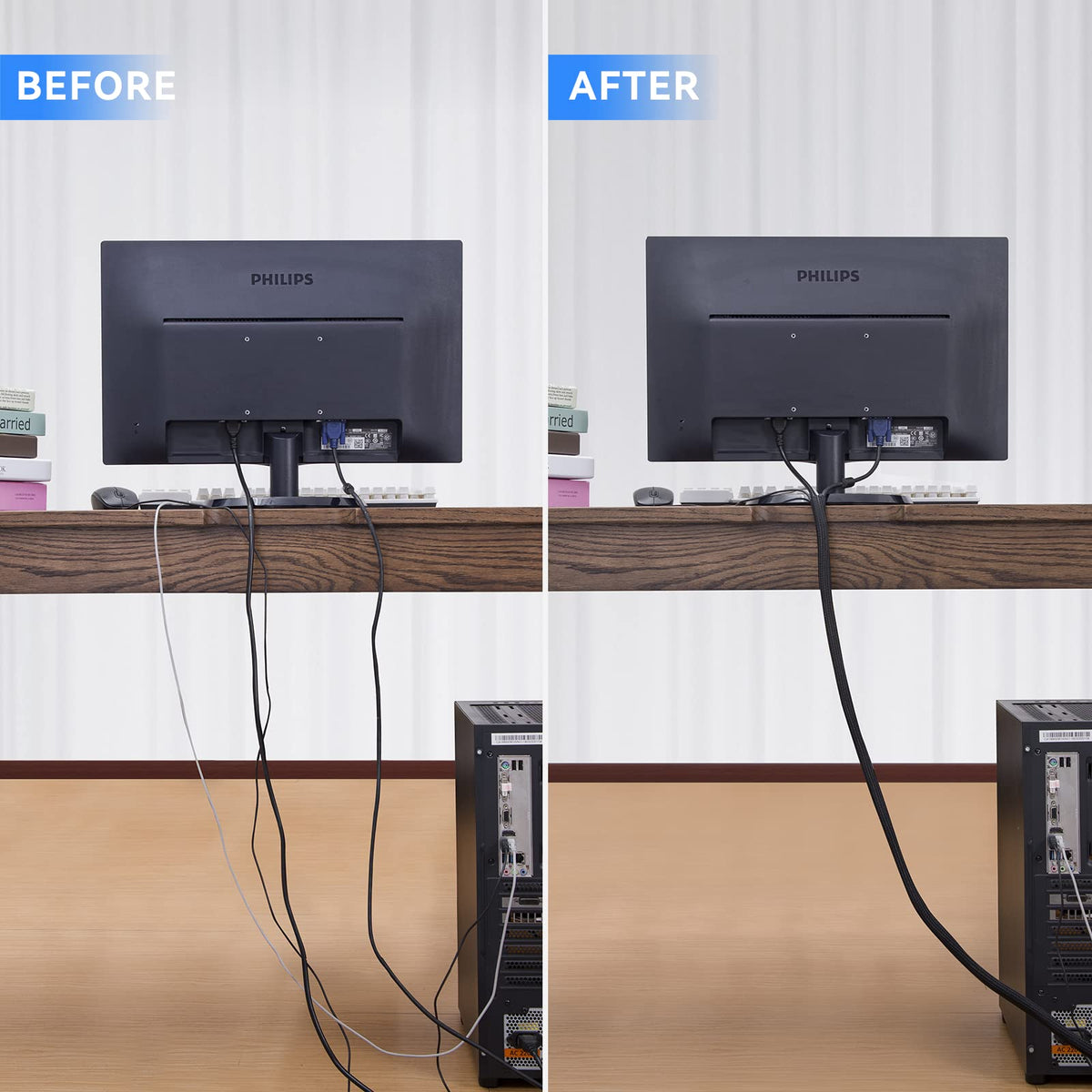 AGPTEK desk cord management sleeve organizing desk cables.
