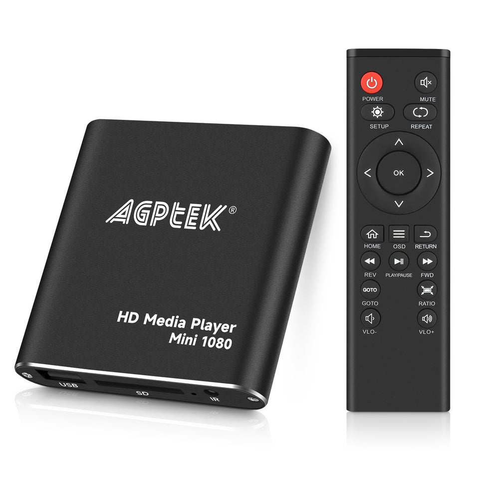 AGPTEK front view showing ports and compact form factor with easy setup benefit