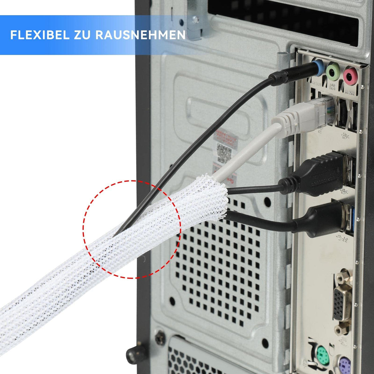 AGPTEK cable sleeve used in home office to protect computer and TV cables.