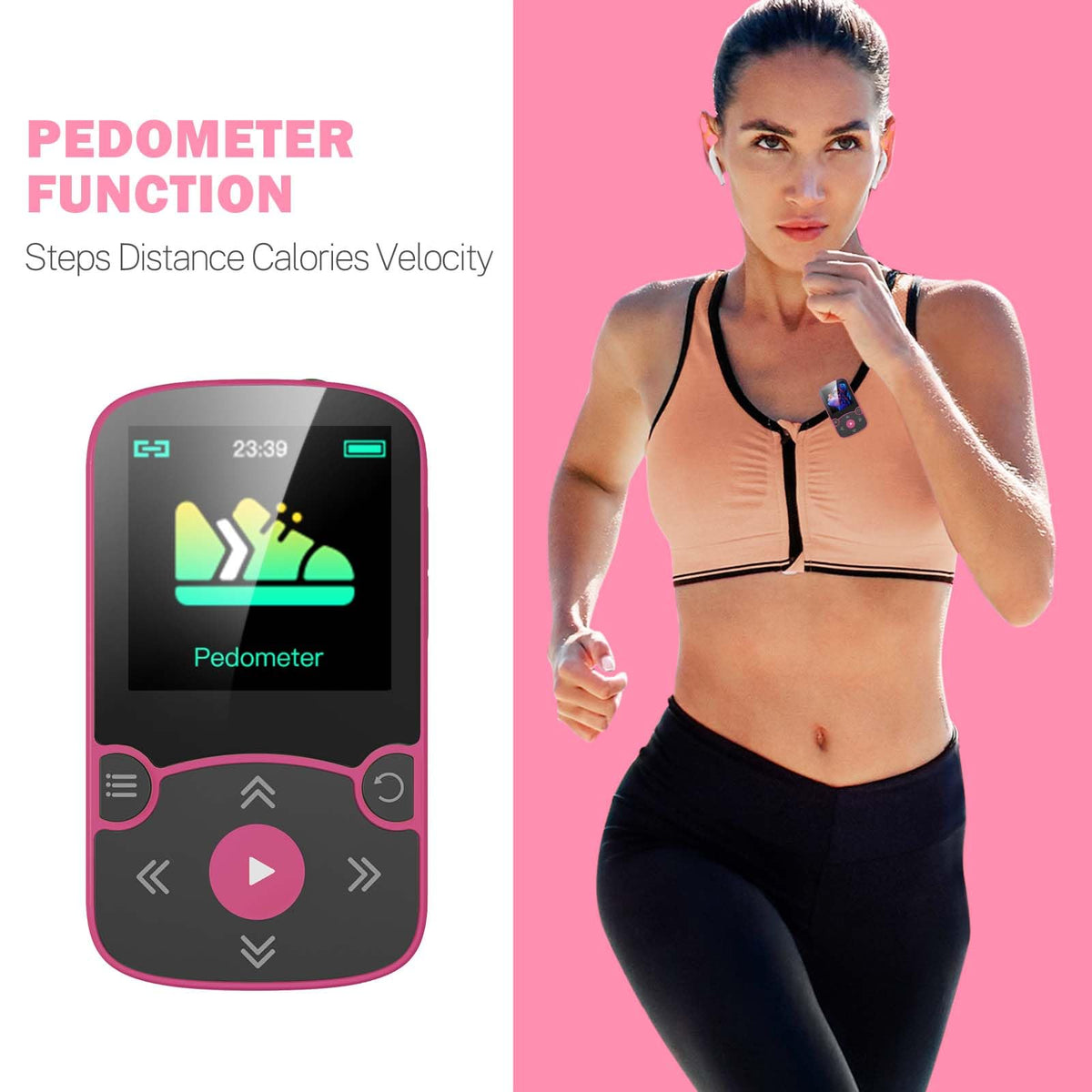 AGPTEK in use during running demonstrates secure clip and pedometer benefit