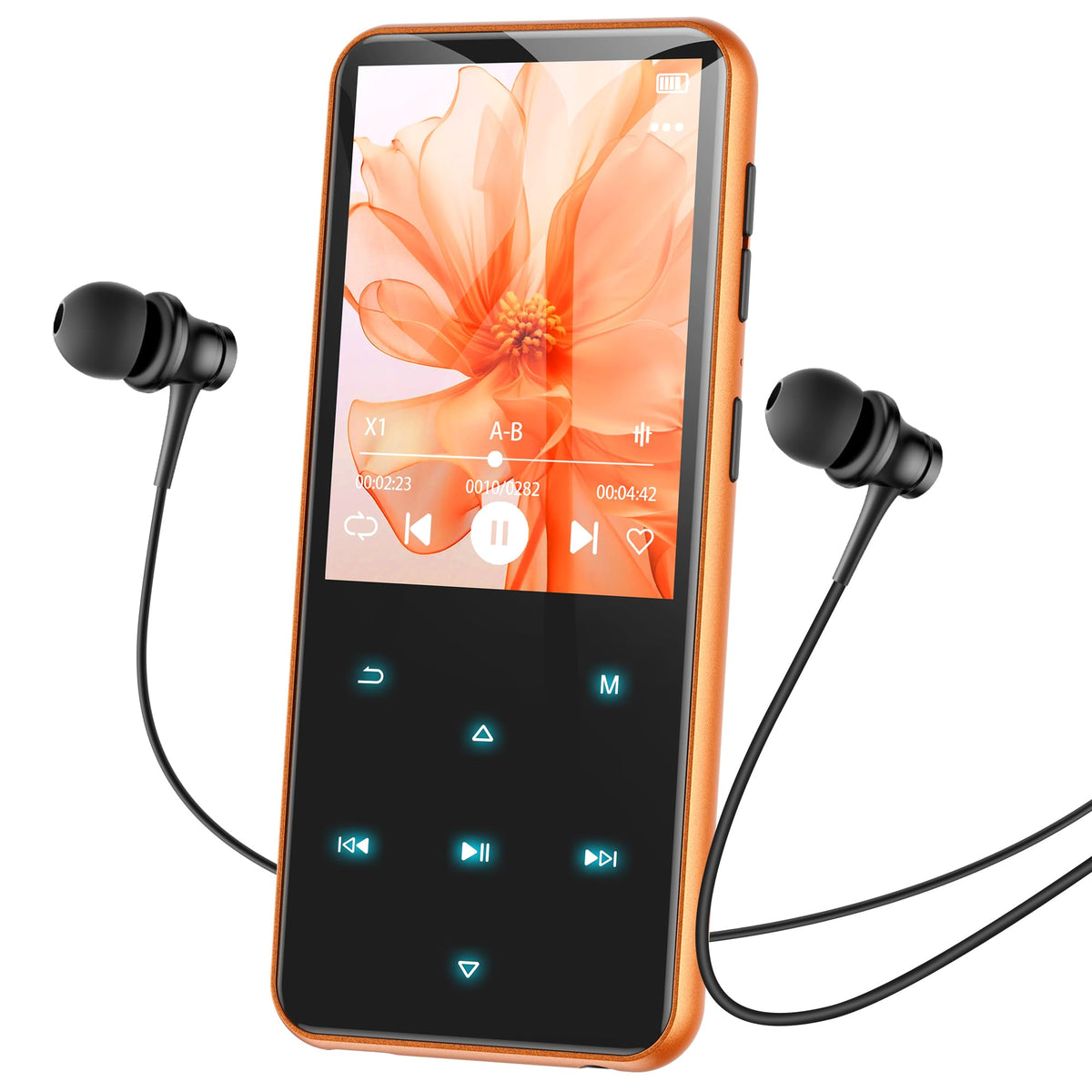 AGPTEK M3 front view showing orange housing and display, highlights portability