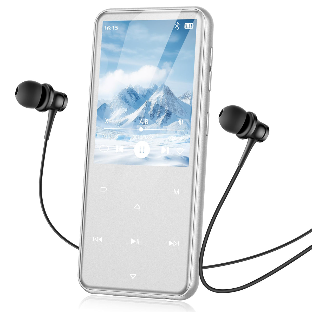 AGPTEK M3 front view showing screen and compact design, ideal for portable listening