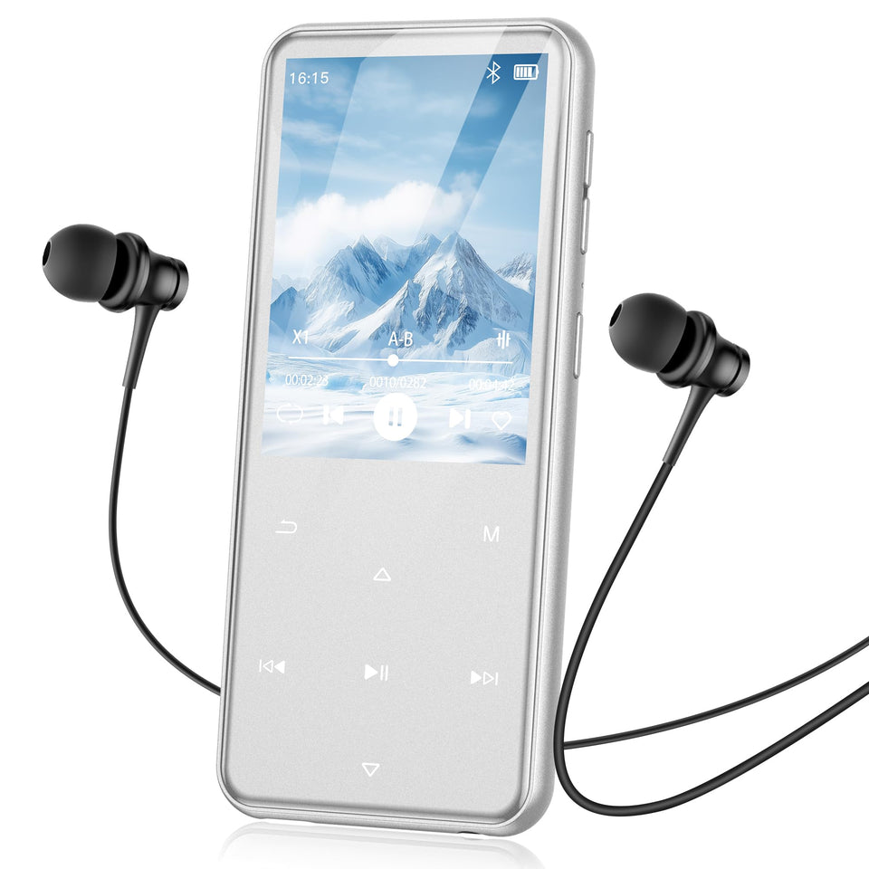 AGPTEK M3 front view showing screen and compact design, ideal for portable listening