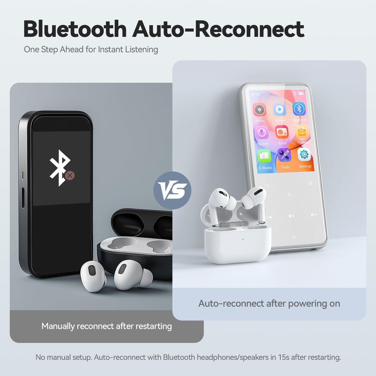 AGPTEK M3 paired with wireless headphones, showing Bluetooth 5.3 stable listening