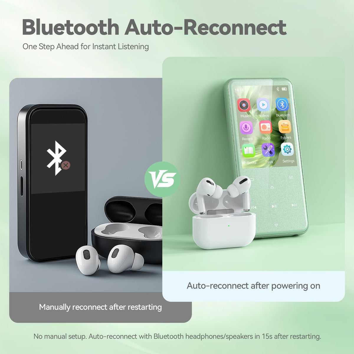 AGPTEK M3 paired with wireless earbuds via Bluetooth 5.3 for cable‑free listening