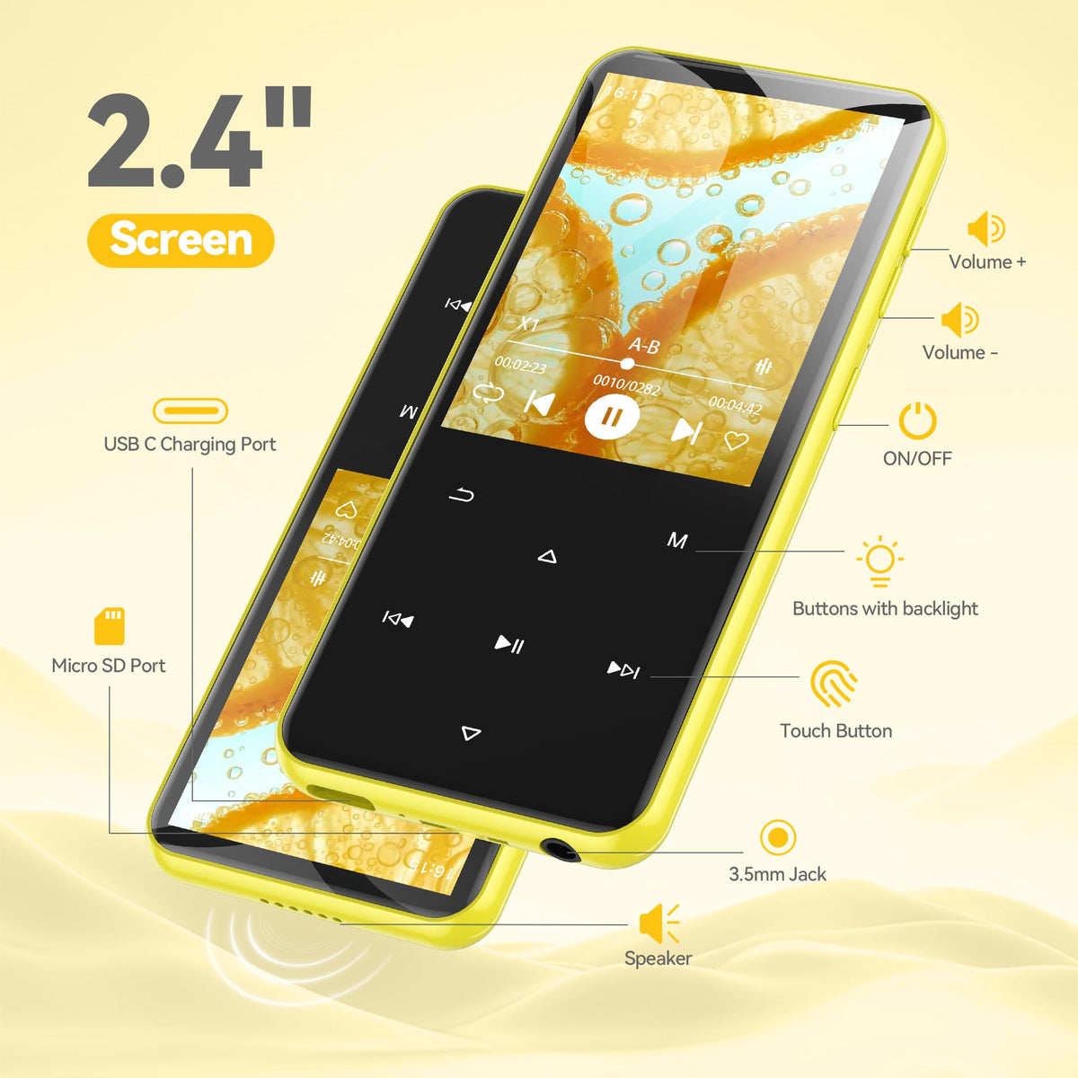 AGPTEK M3 beside microSD card and USB cable, expandable storage and fast charging