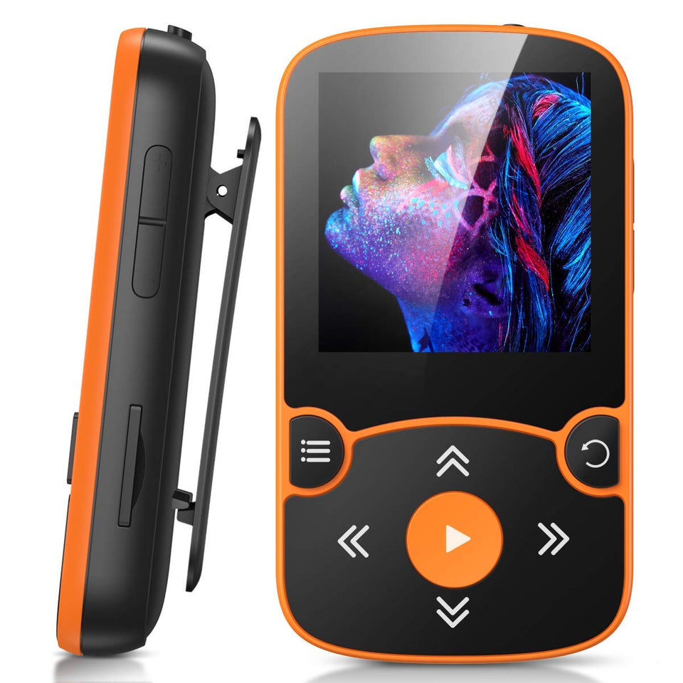 AGPTEK orange front view showing compact player and bright color, easy identification