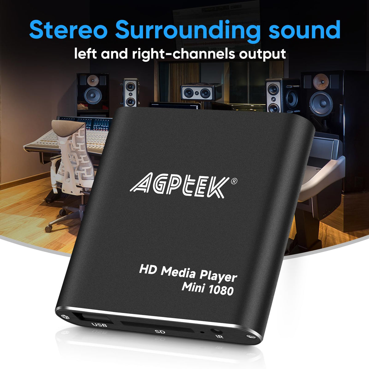 AGPTEK with USB stick and SD card inserted showing simple media access and playback