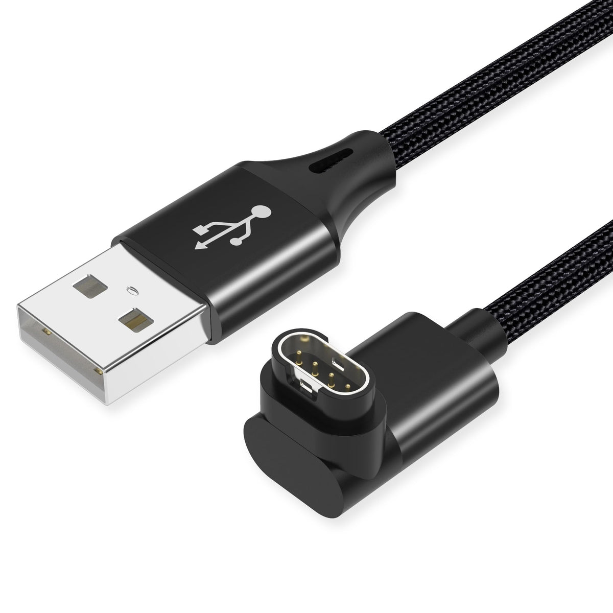 AGVEE 2-pack 6.6ft right-angle charger on desk enables lay-flat charging for Garmin watches.