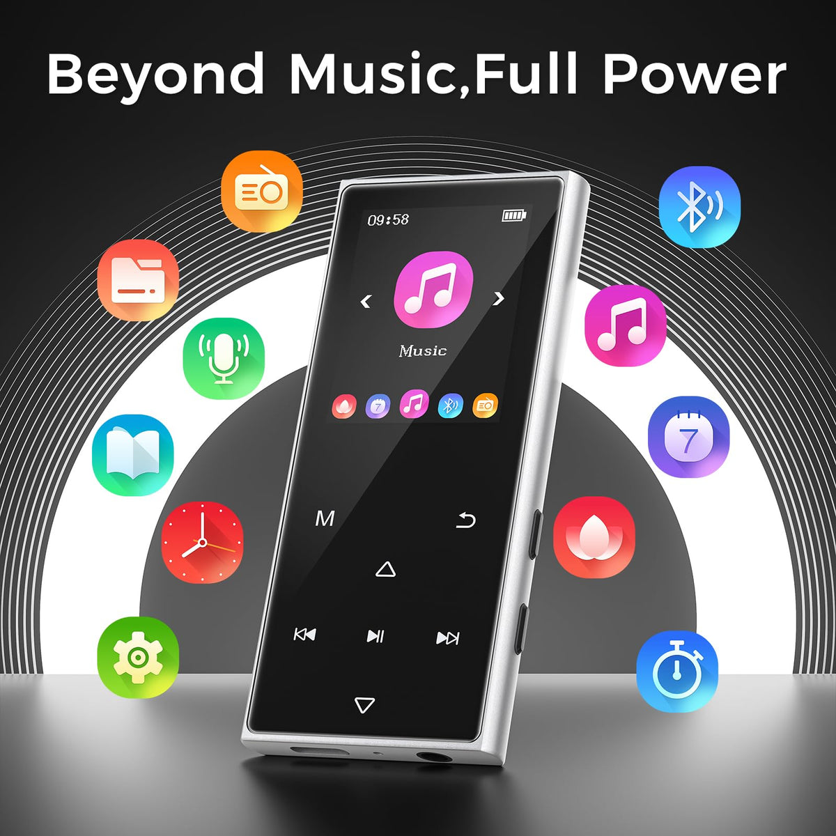 AGXOV earphones and player flatlay for private listening with included buds