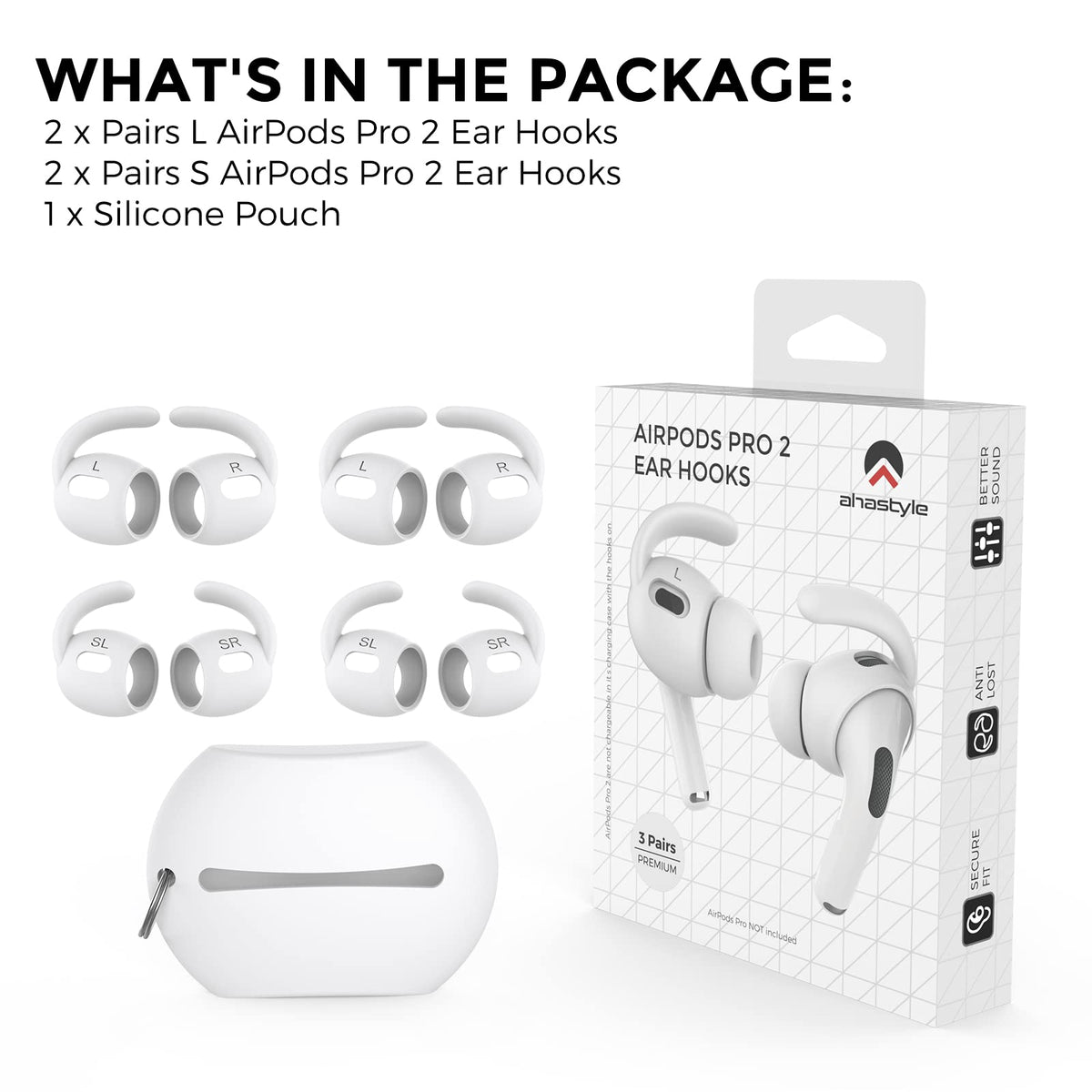 AHASTYLE white ear hooks with storage pouch kit